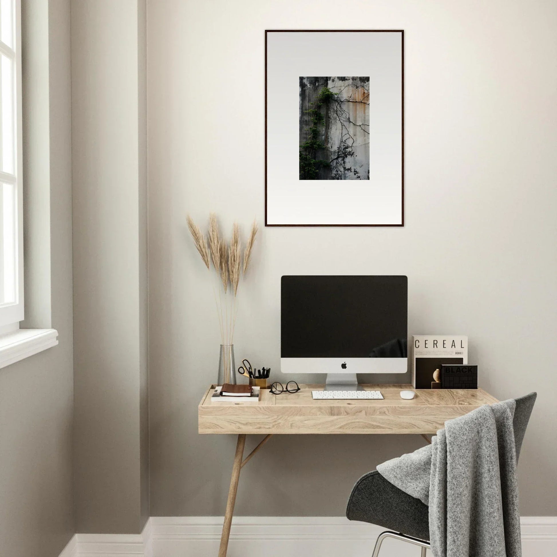 Minimalist wooden desk with a computer for urban tango room decoration vibes