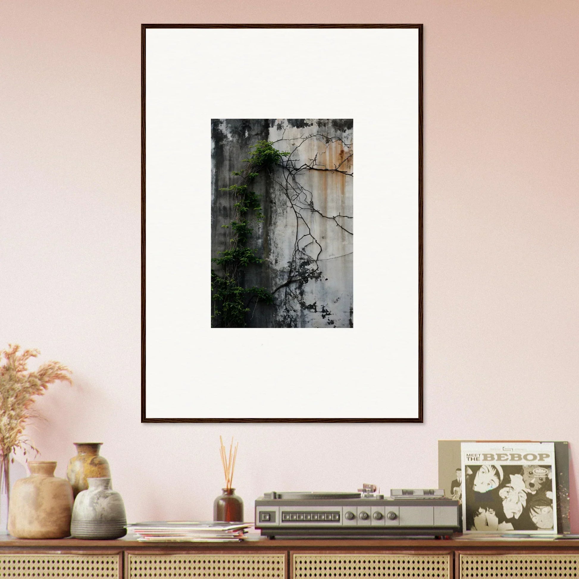 Framed canvas print of a weathered wall with vines, perfect for urban tango room decoration