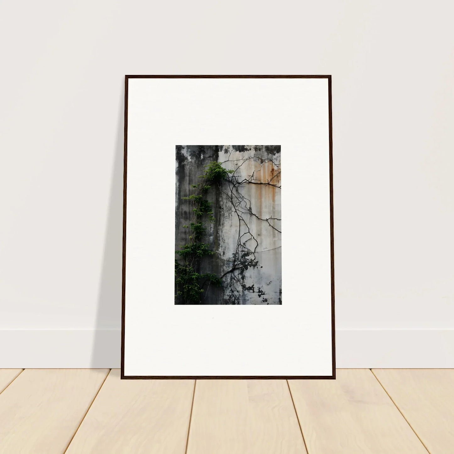 Framed black and white canvas print of an urban tango with weathered wall and vines