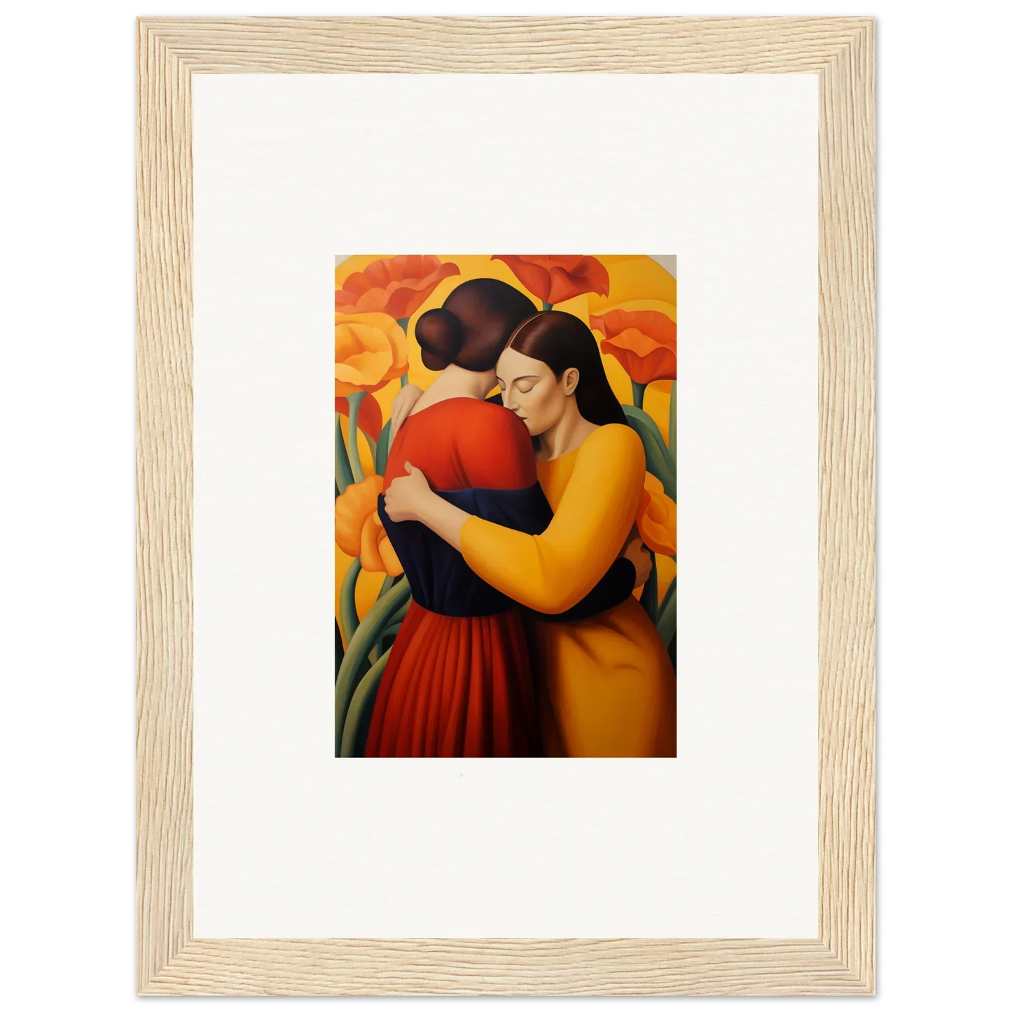 Framed canvas print of two women embracing, perfect for floral fondness room decoration