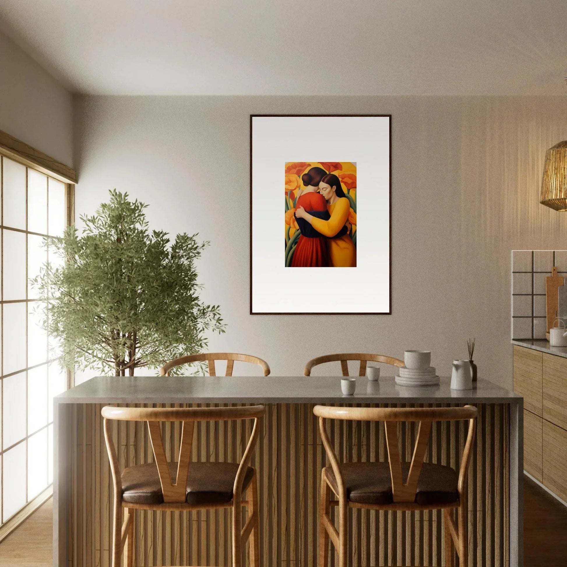 Colorful dining area featuring canvas print and stylish table with chairs for floral fondness