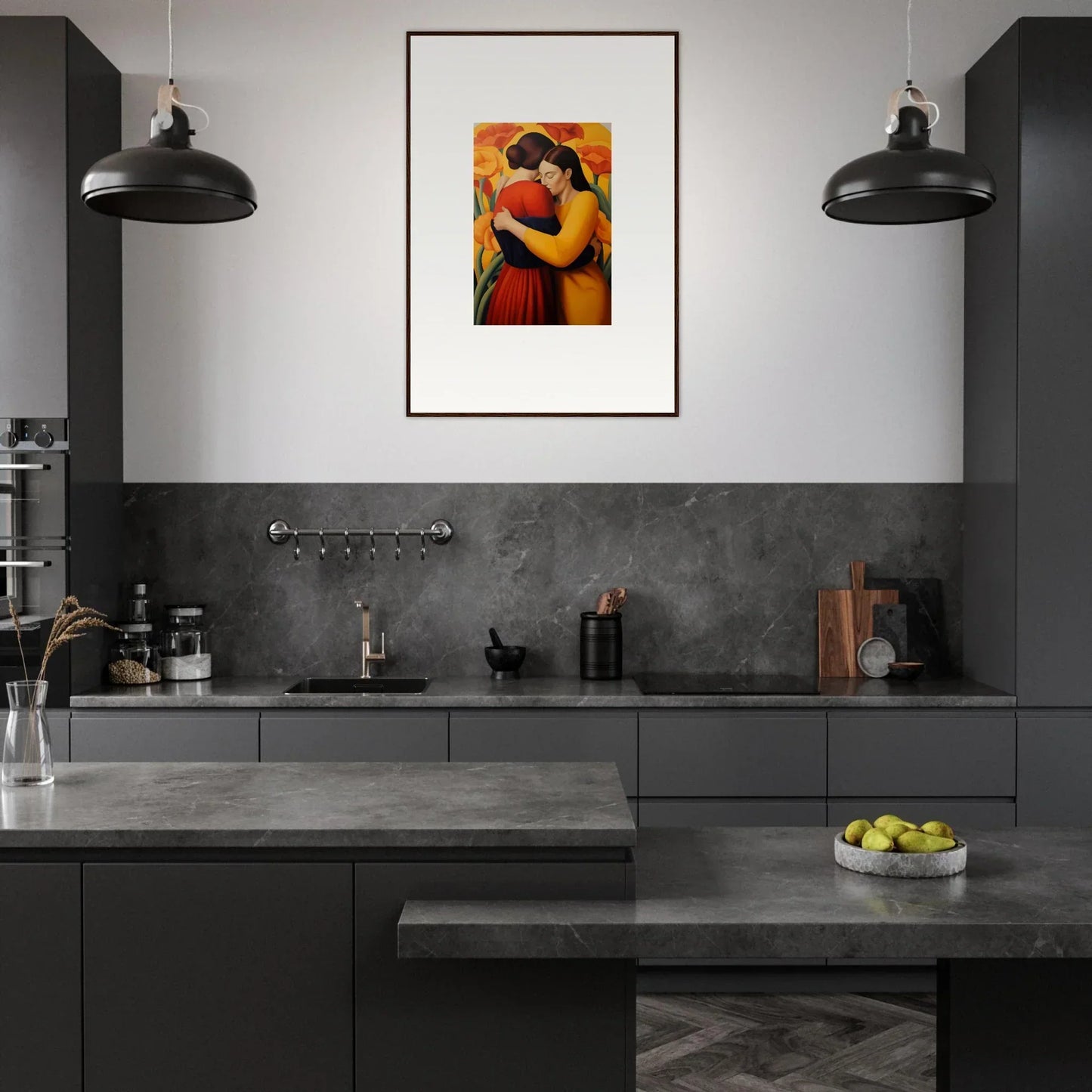 Modern kitchen with dark cabinets and a Floral Fondness canvas print for room decoration