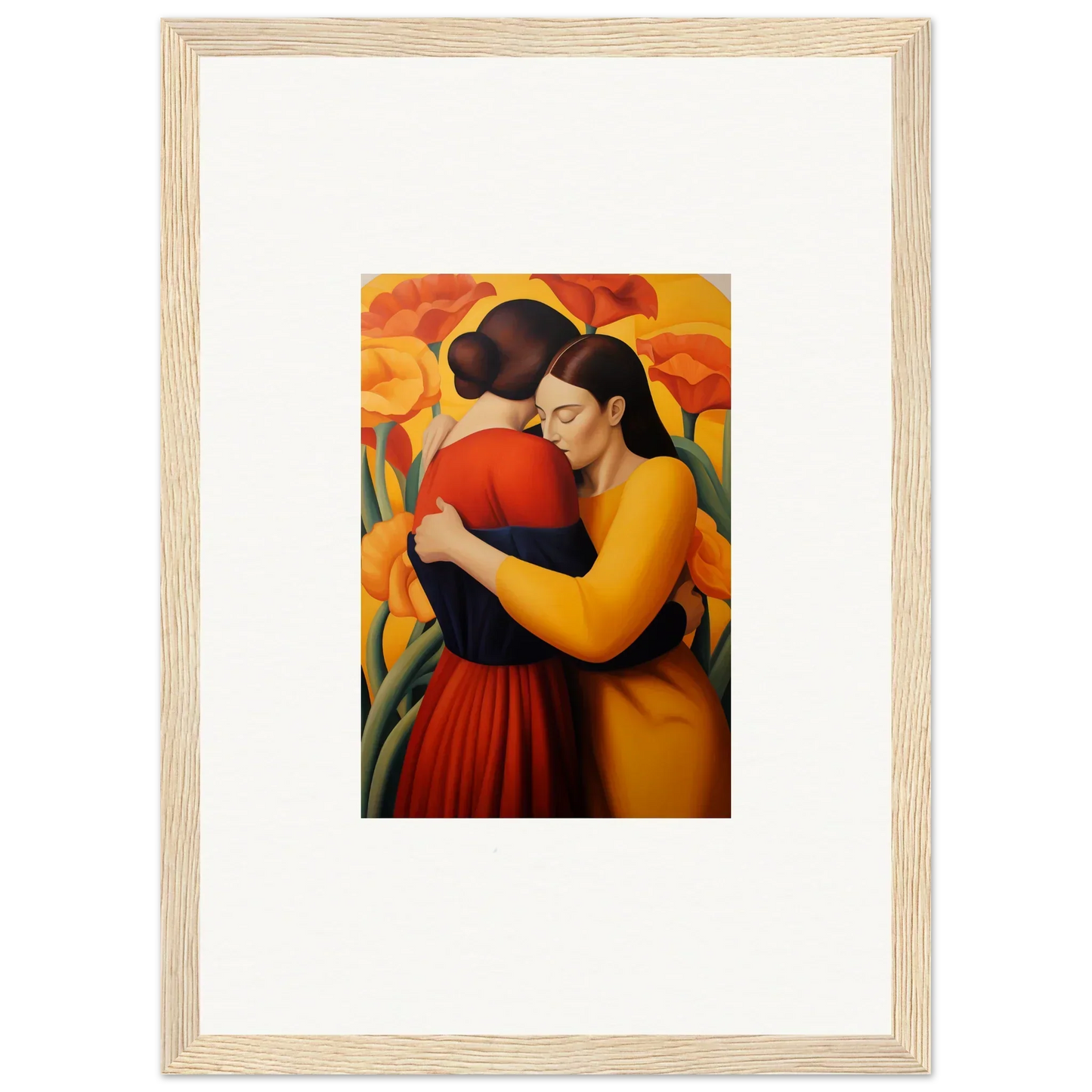 Colorful canvas print of two figures in vibrant clothes for floral fondness room decoration