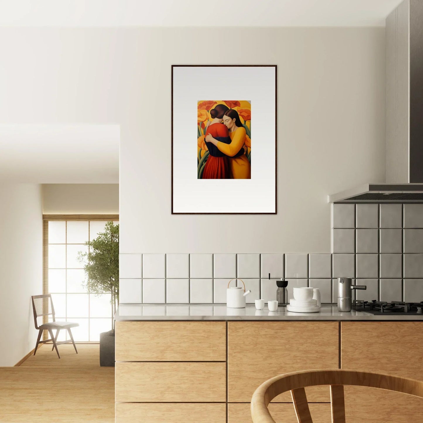 Vibrant Floral Fondness canvas print of two hugging figures, perfect for room decoration