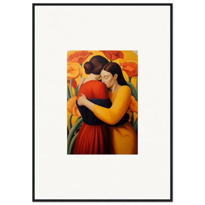 Colorful canvas print of two women embracing with floral fondness for room decoration