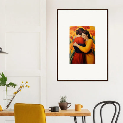 Framed canvas print of two people embracing in vibrant yellow and red for room decoration