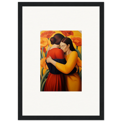 Colorful canvas print of two women embracing in vibrant clothing, perfect for floral fondness