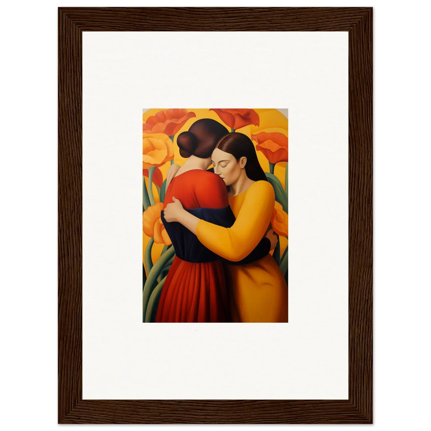 Framed canvas print of two women embracing, perfect for floral fondness room decoration