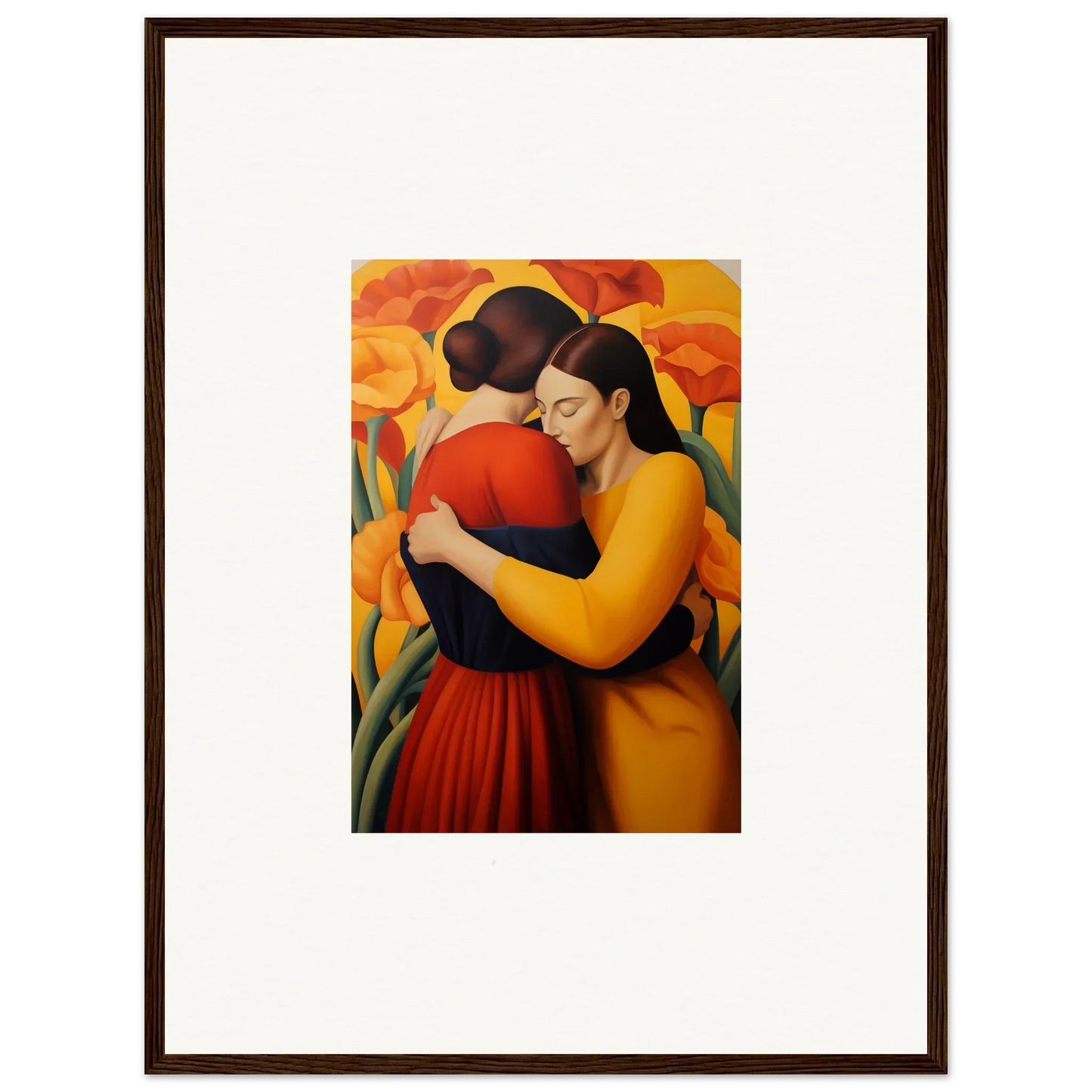 Painting of two women embracing in colorful flowers, perfect for room decoration or canvas print