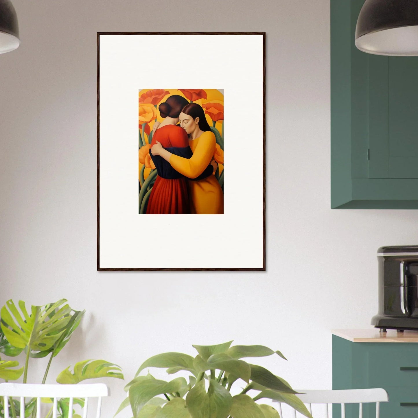 Framed canvas print of two people embracing, perfect for floral fondness room decoration