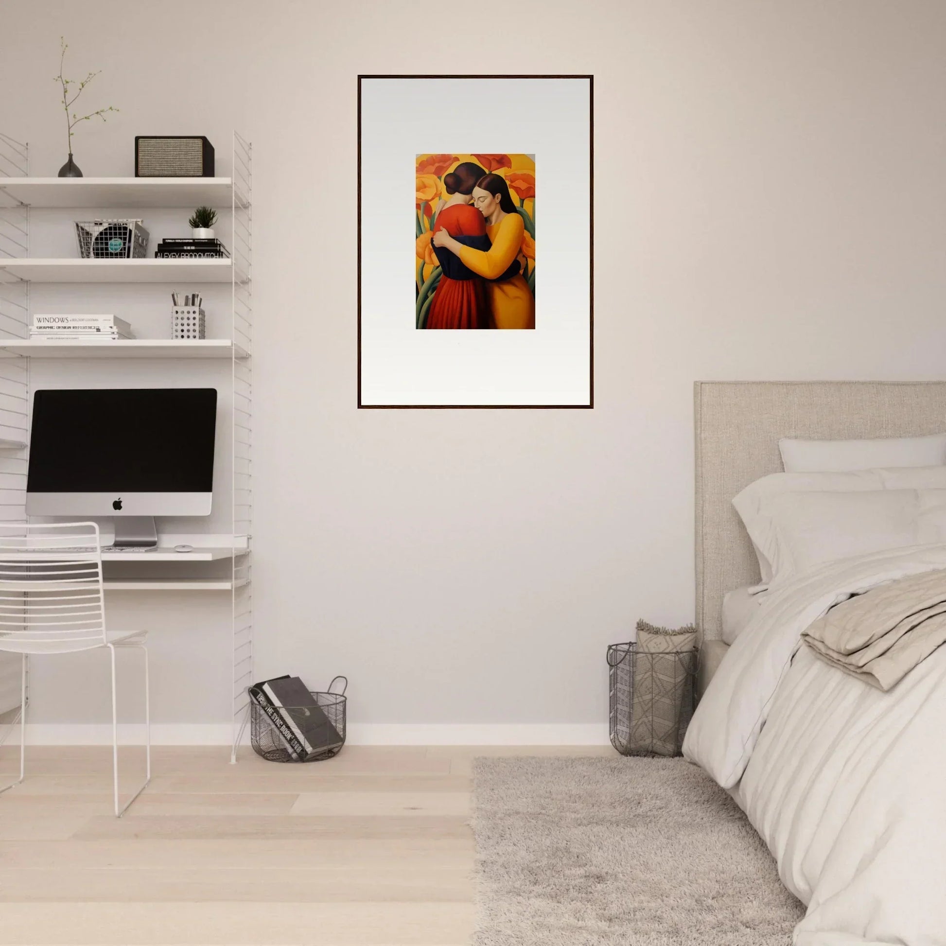 Framed canvas print of embracing figures on a vibrant orange background for floral fondness