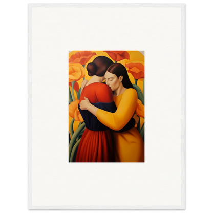 Painting of two embracing figures with vibrant flowers for floral fondness in room decoration