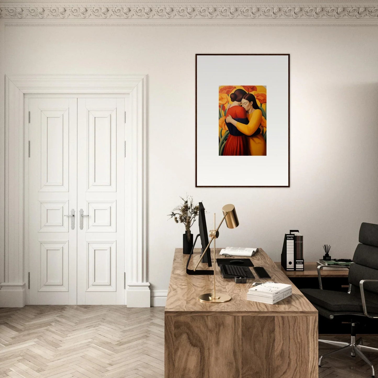 Cozy home office with a wooden desk, floral fondness canvas print, and stylish chair