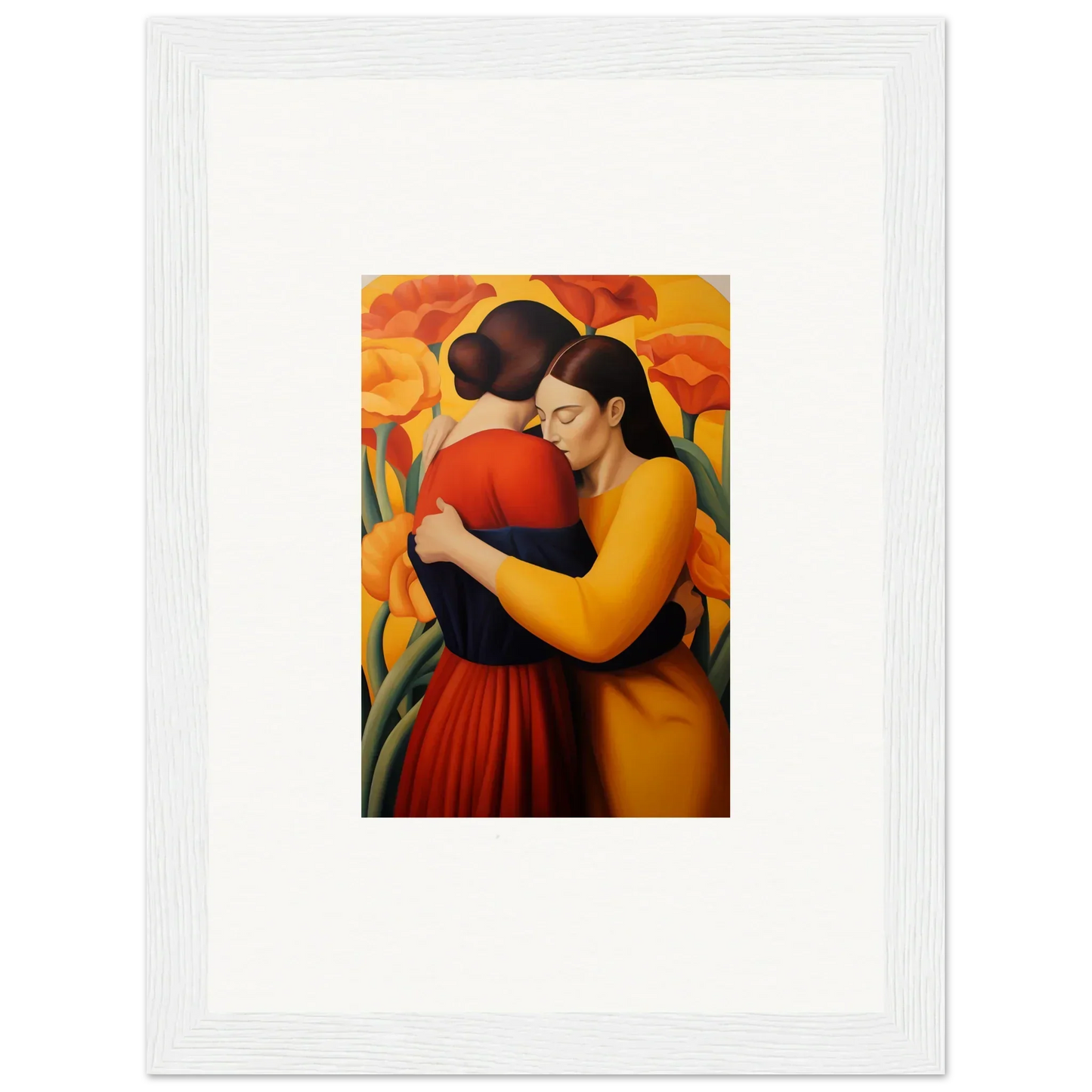 Colorful canvas print of two embracing figures showcasing floral fondness in vibrant hues