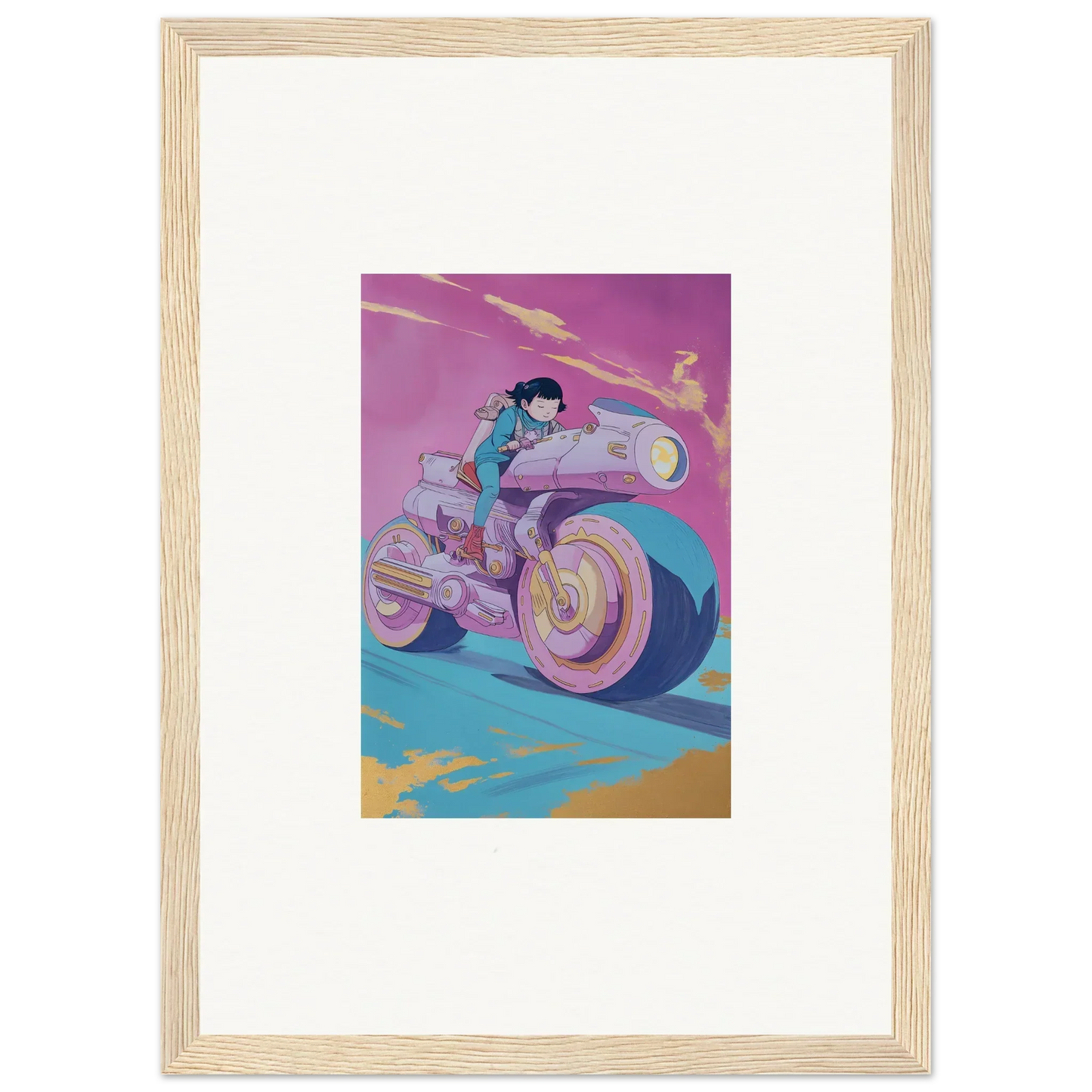 Futuristic motorcycle with rider in vibrant colors for Chican Derby room decor art