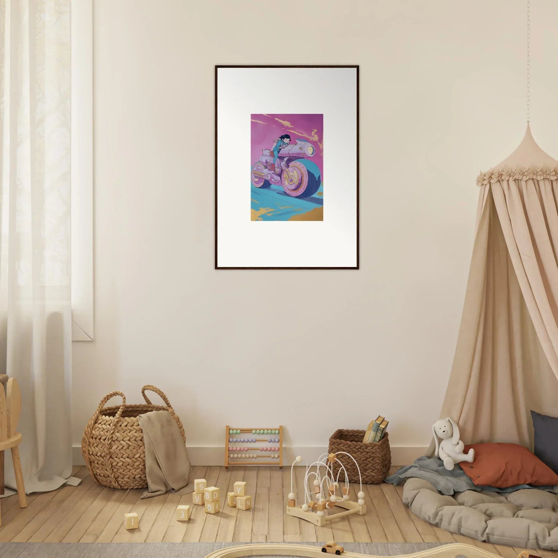 Framed wall art of a surfer riding a wave for stylish Chican Derby room decor