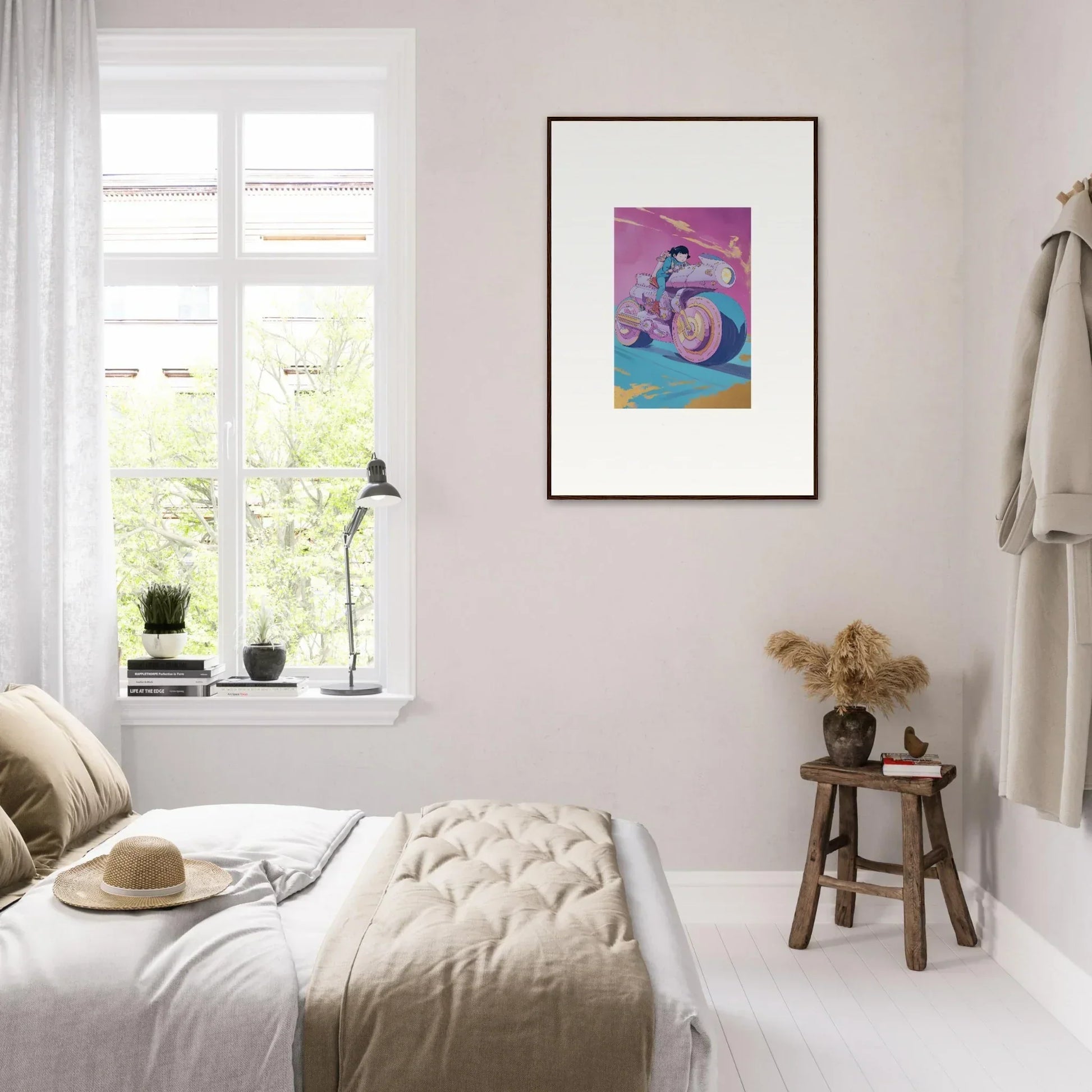 Cozy bedroom featuring Chican Derby framed wall art as stylish room decor