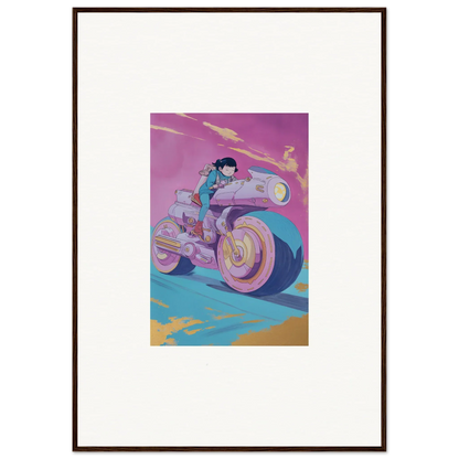 Stylized illustration of a person on a futuristic motorcycle for Chican Derby room decor