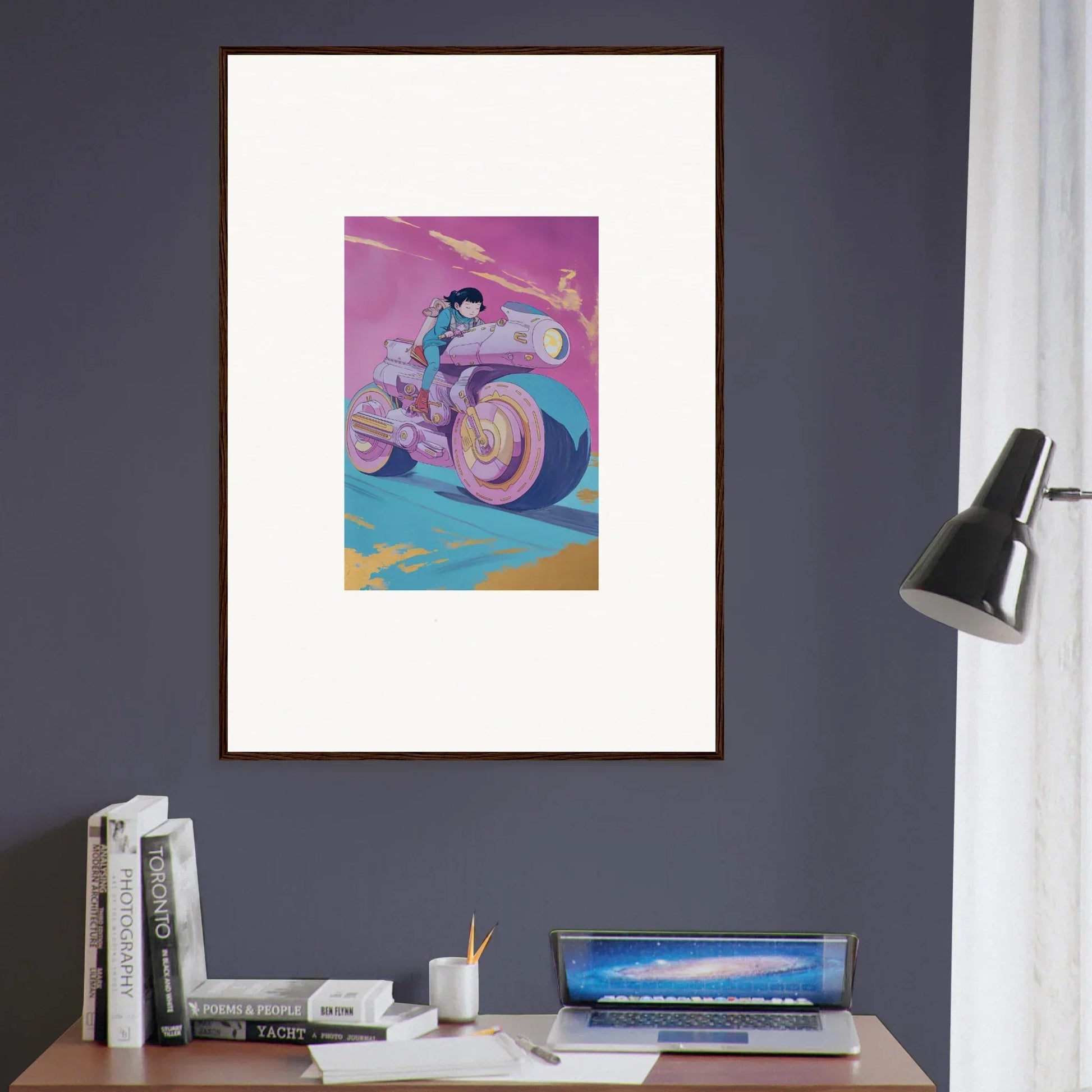 Framed wall art of a person on a futuristic motorcycle for Chican Derby room decor