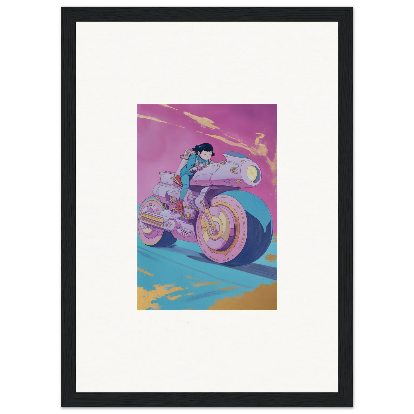 Stylized illustration of a person on a futuristic motorcycle for Chican Derby room decor