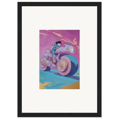 Stylized illustration of a person on a futuristic motorcycle for Chican Derby room decor