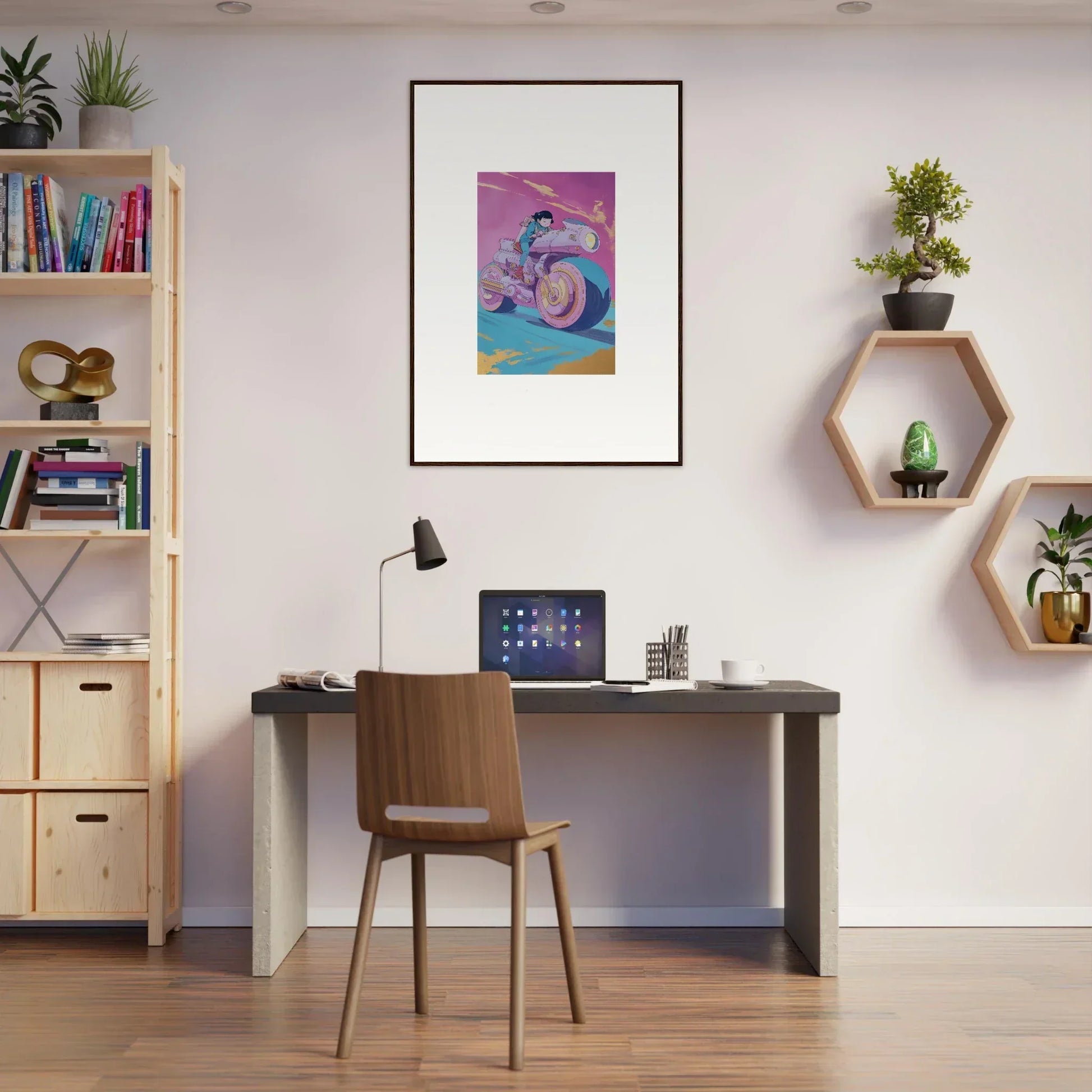 Modern home office with desk, chair, and framed wall art enhancing room decor