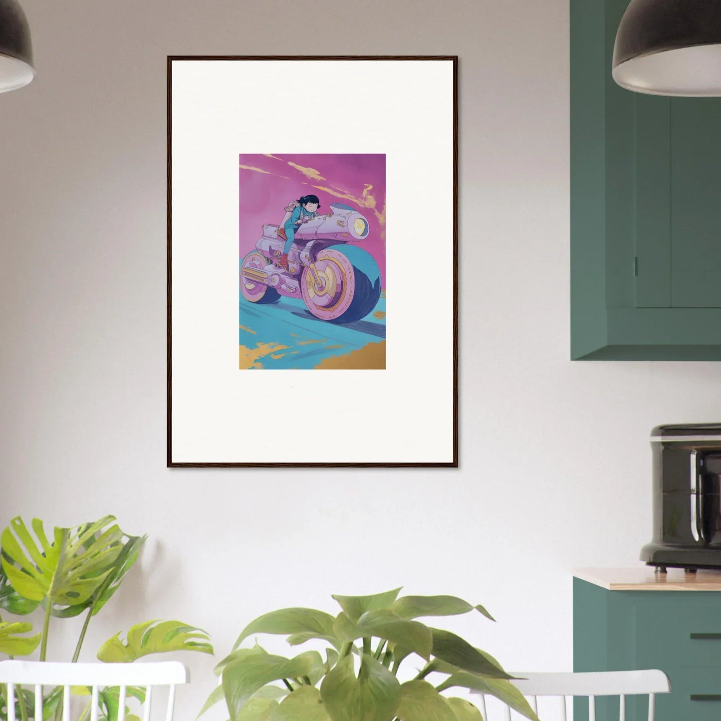 Framed wall art of a person riding a colorful motorcycle for stylish room decor