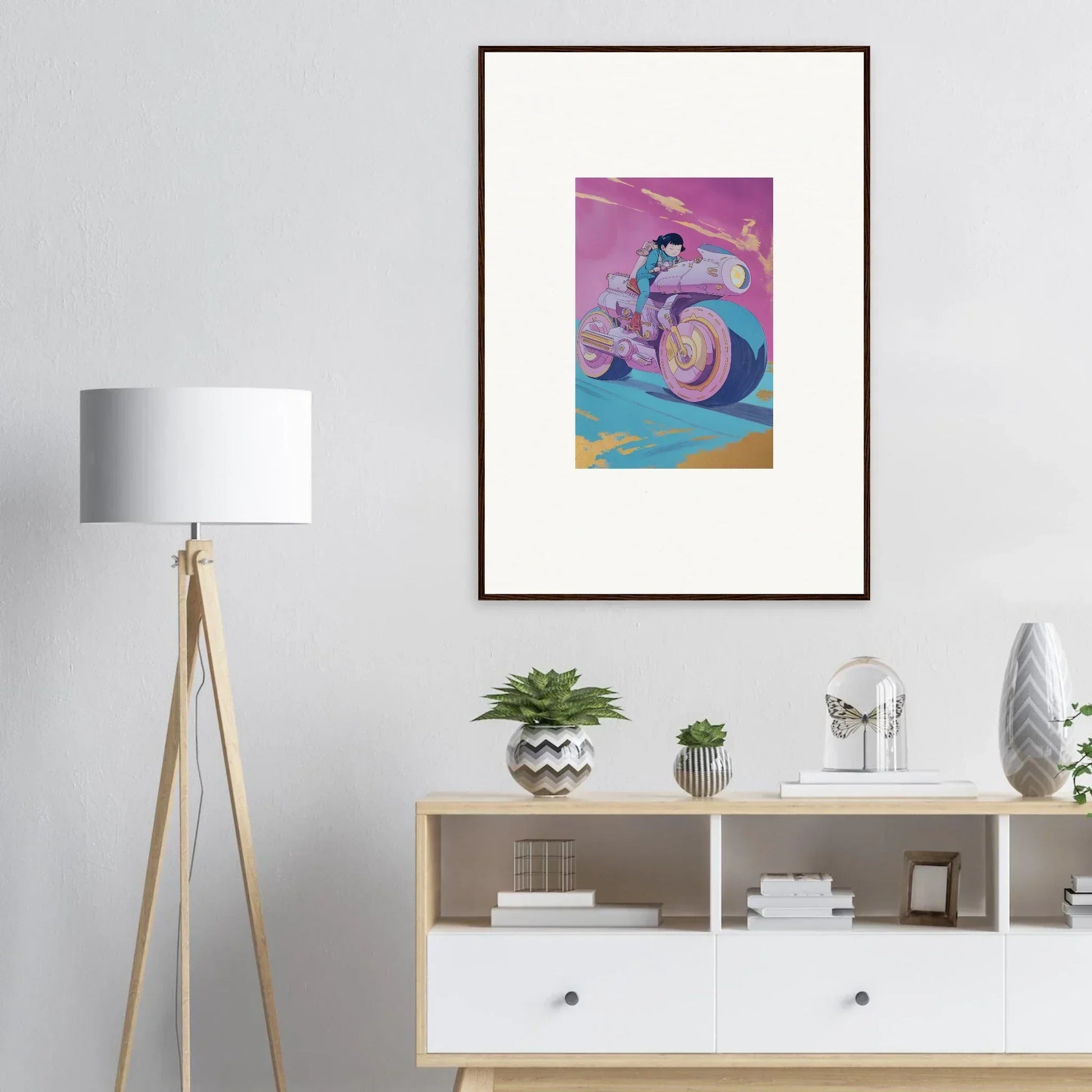 Framed wall art of a person on a colorful scooter, perfect room decor for Chican Derby fans