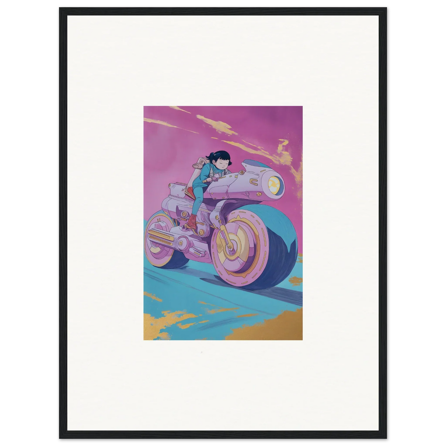 Stylized illustration of a person on a futuristic motorcycle for Chican Derby room decor