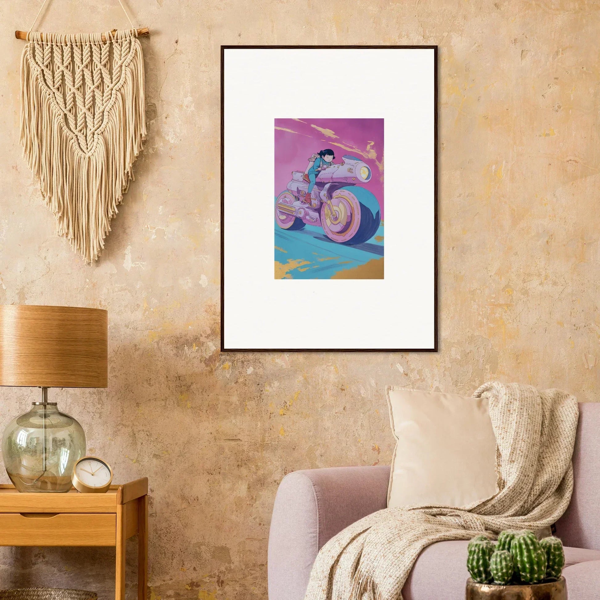 Framed wall art of a person riding a colorful snail-like creature for Chican Derby room decor