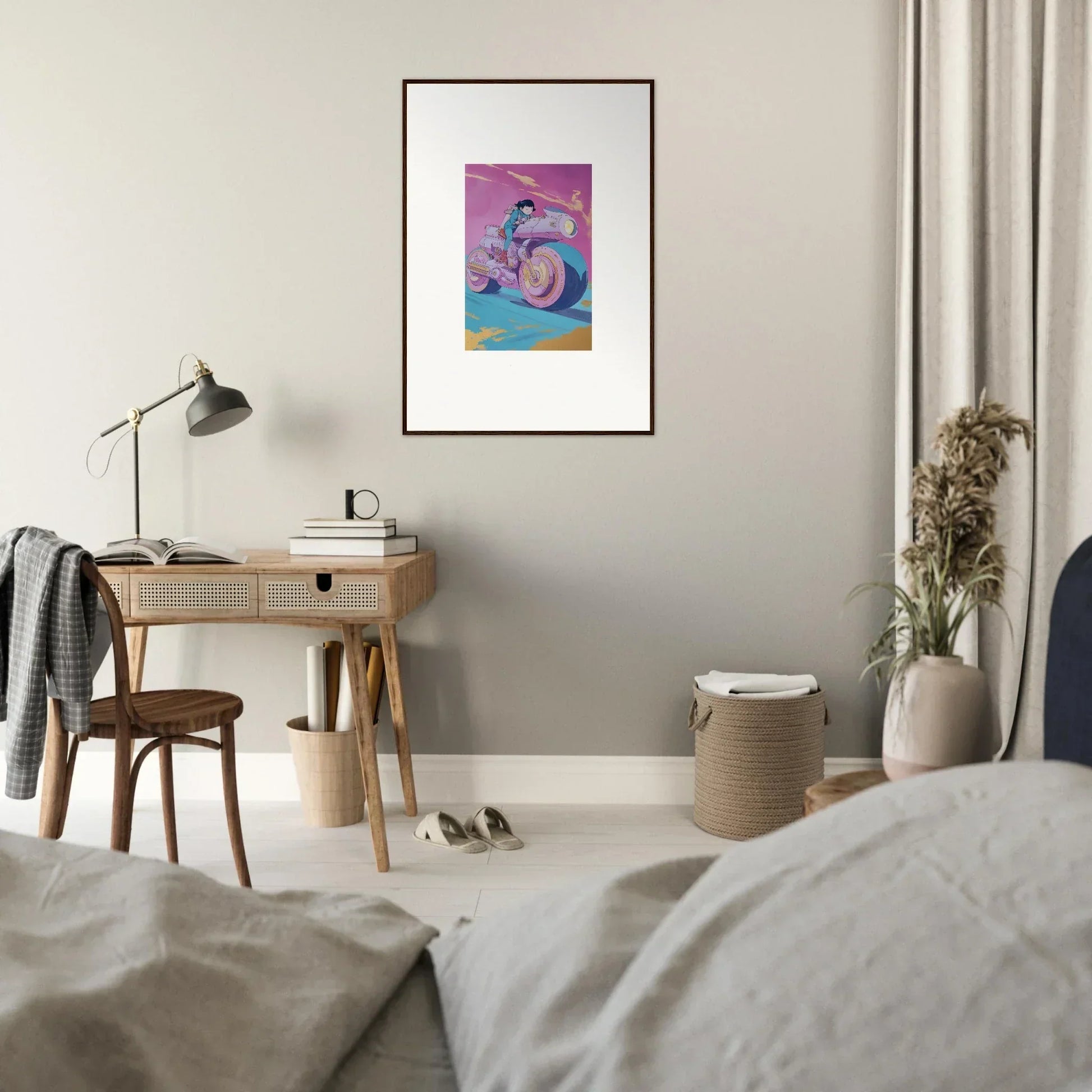 Framed wall art featuring a colorful stylized figure on pink background for Chican Derby room decor