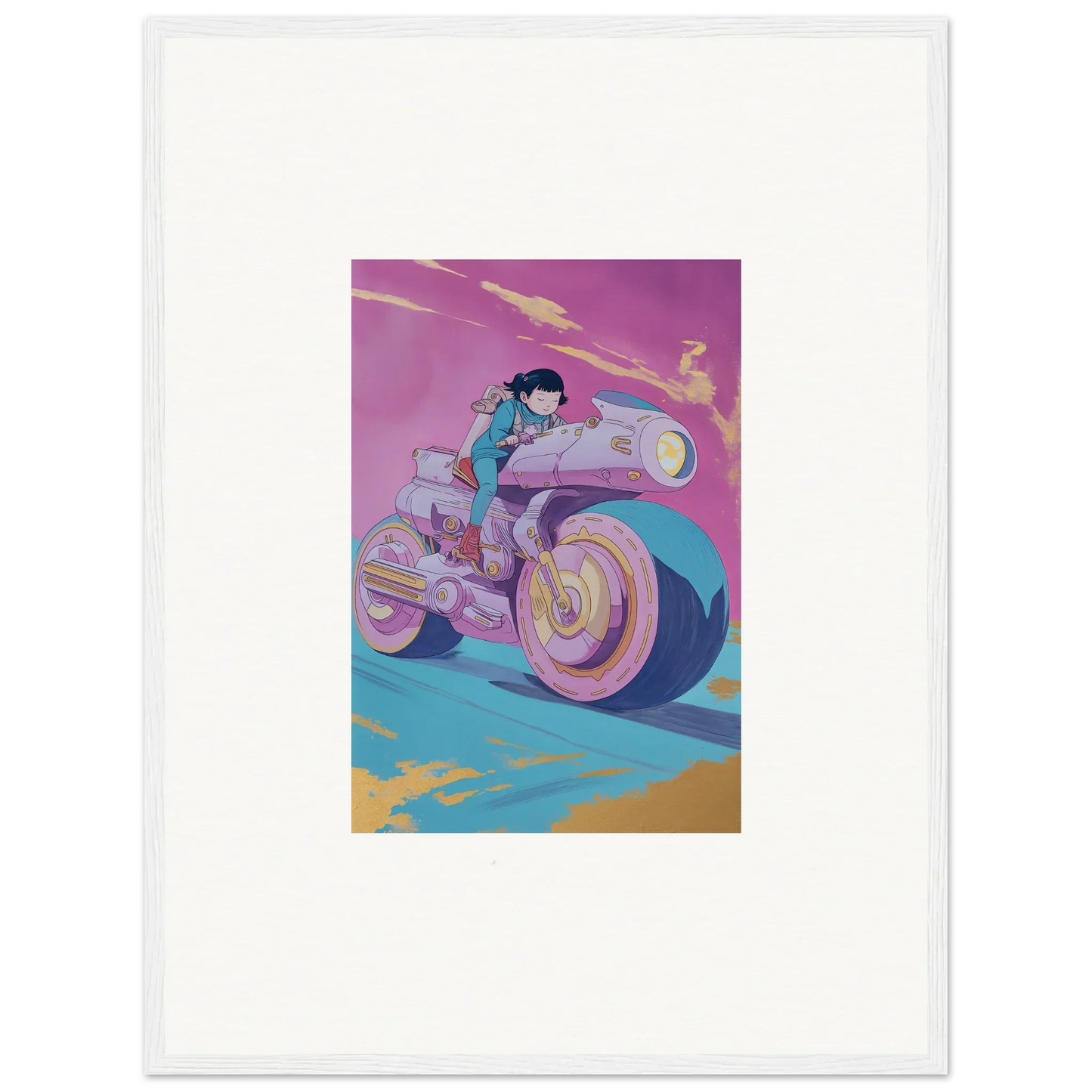 Stylized illustration of a person on a futuristic motorcycle for Chican Derby wall art