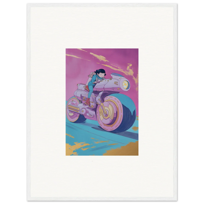Stylized illustration of a person on a futuristic motorcycle for Chican Derby wall art
