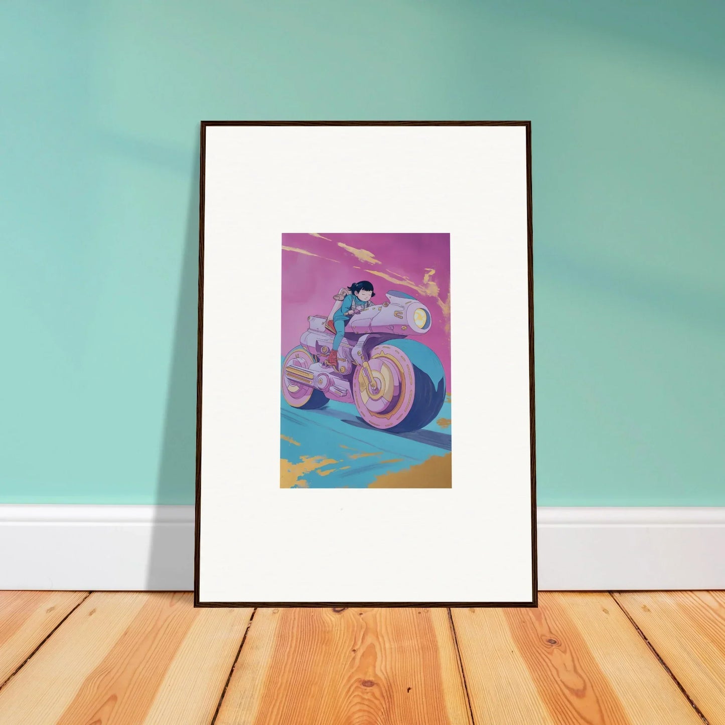 Framed wall art of an anime character on a futuristic motorcycle for Chican Derby room decor