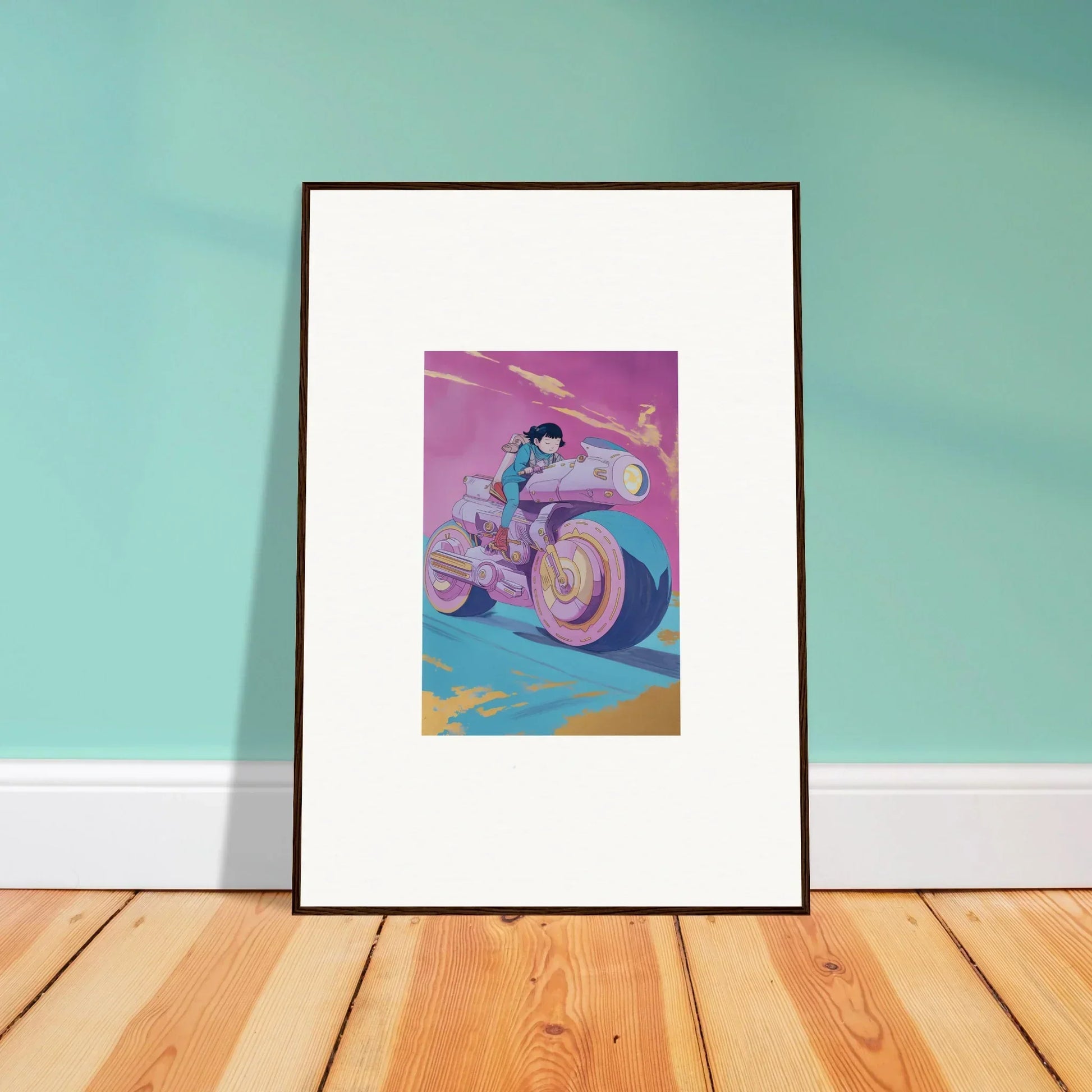 Framed wall art of an anime character on a futuristic motorcycle for Chican Derby room decor