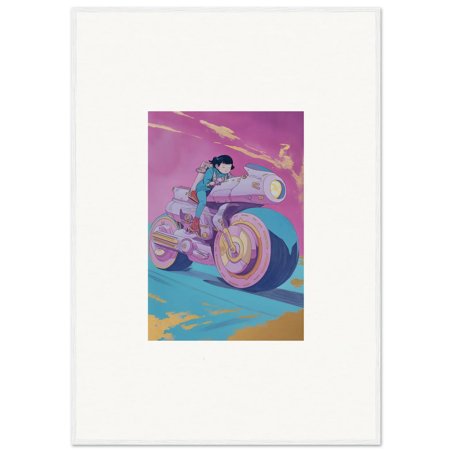 Stylized illustration of a person on a futuristic motorcycle for Chican Derby room decor