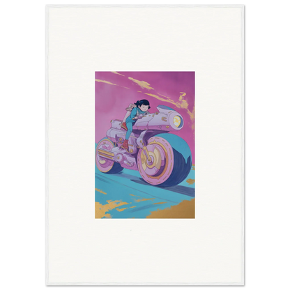 Stylized illustration of a person on a futuristic motorcycle for Chican Derby room decor