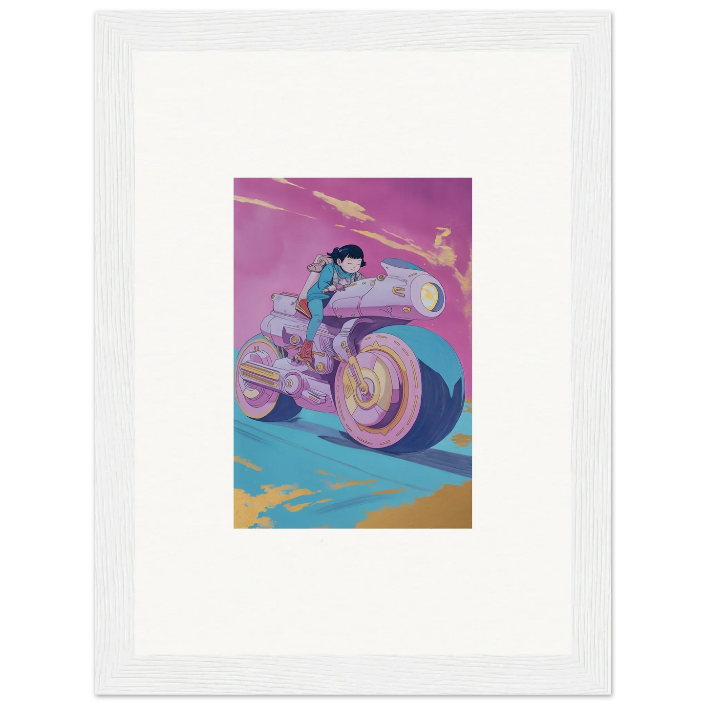 Stylized illustration of a person on a futuristic motorcycle for Chican Derby room decor