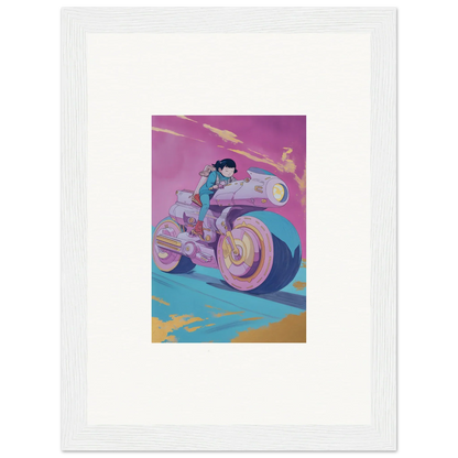 Stylized illustration of a person on a futuristic motorcycle for Chican Derby room decor