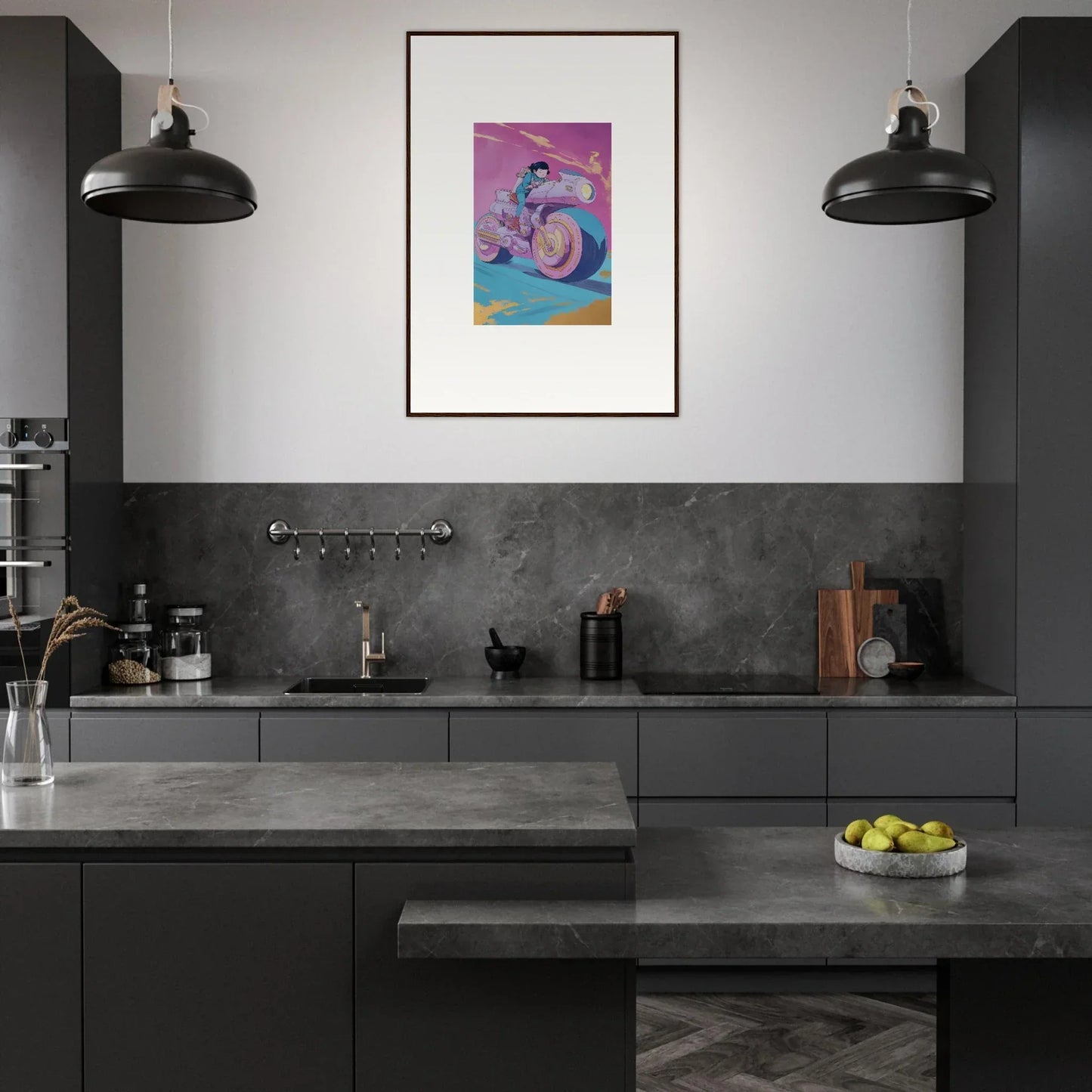 Modern kitchen with dark cabinetry and colorful framed wall art for stylish room decor