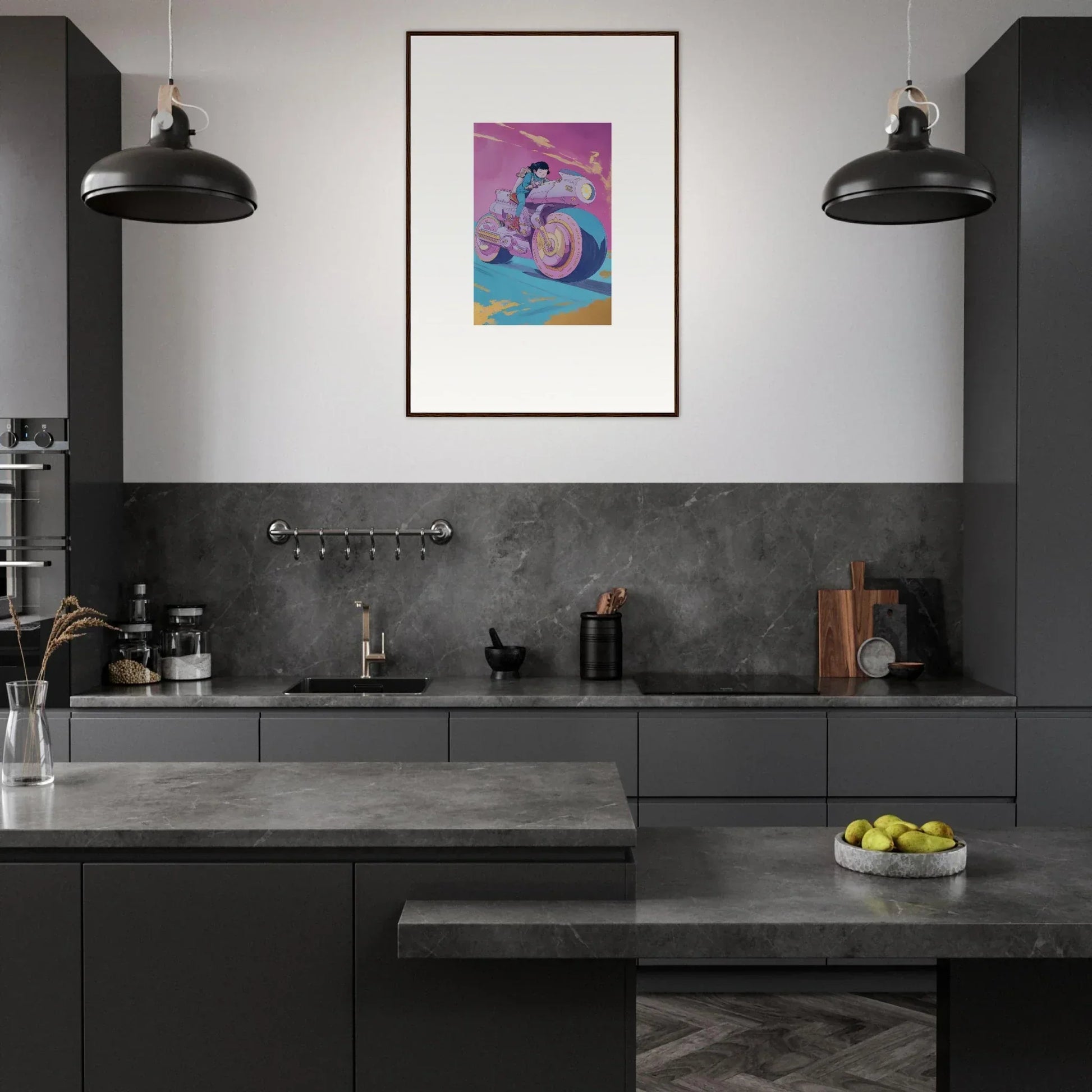 Modern kitchen with dark cabinetry and colorful framed wall art for stylish room decor
