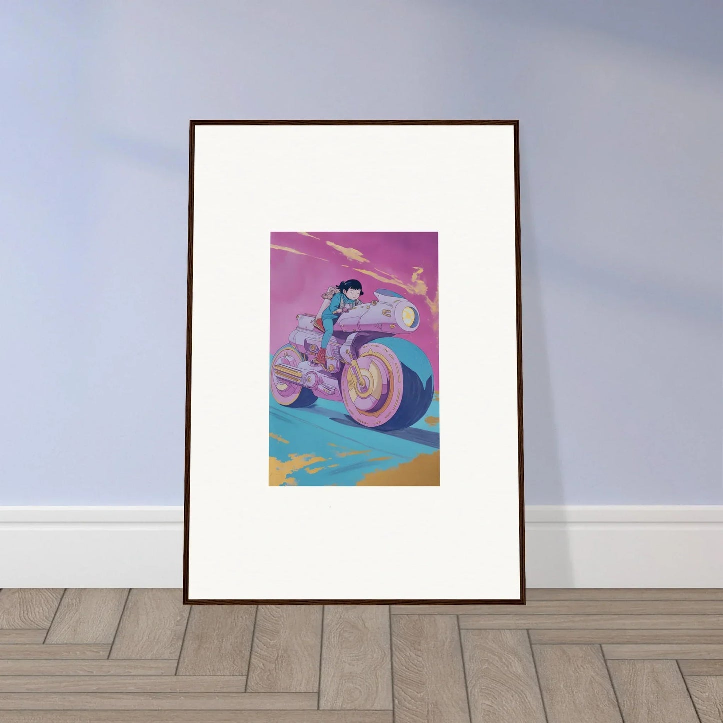 Framed wall art of a person on a motorcycle, ideal for Chican Derby room decor