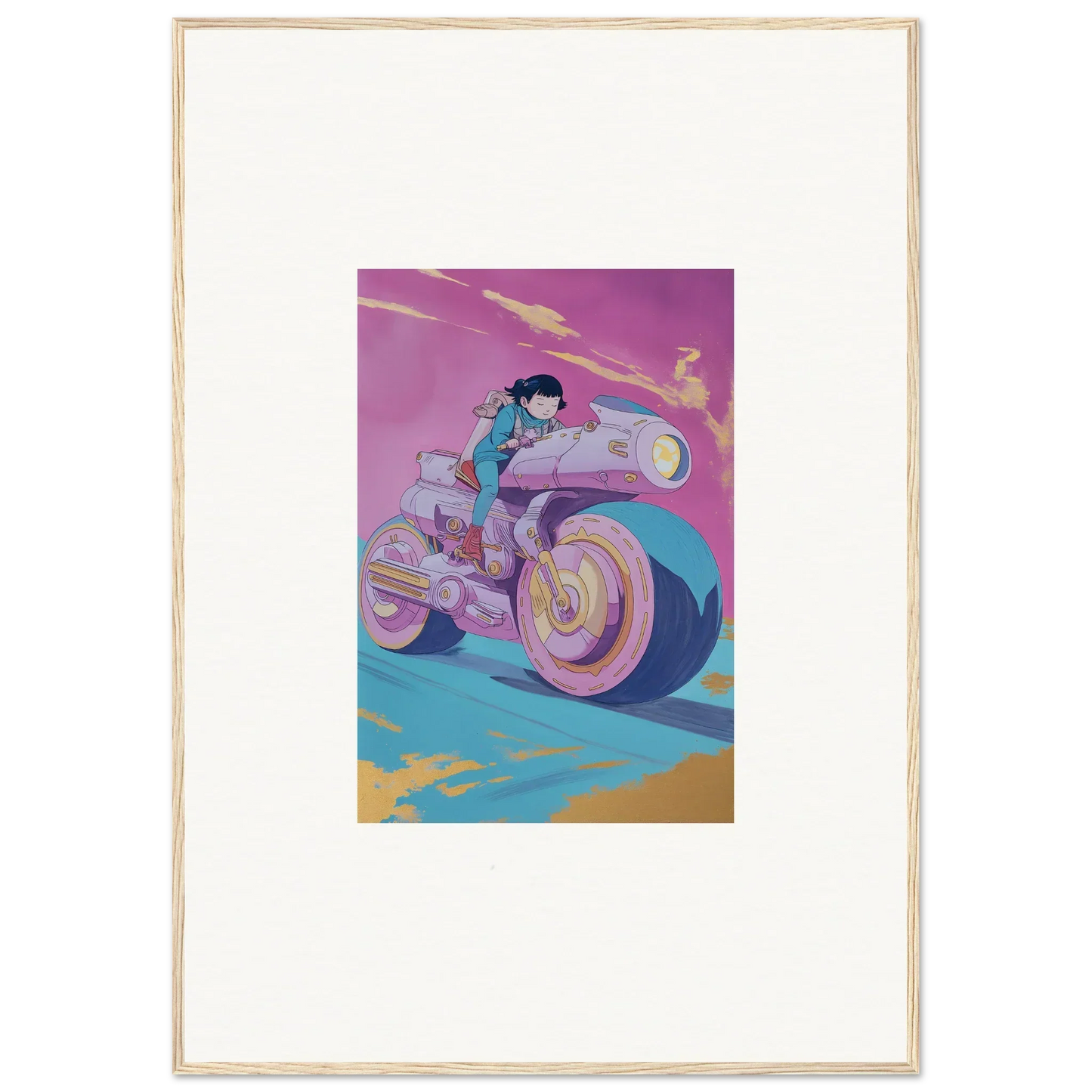 Futuristic motorcycle with rider in purple and teal, perfect for Chican Derby wall art