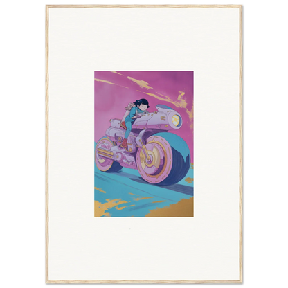 Futuristic motorcycle with rider in purple and teal, perfect for Chican Derby wall art