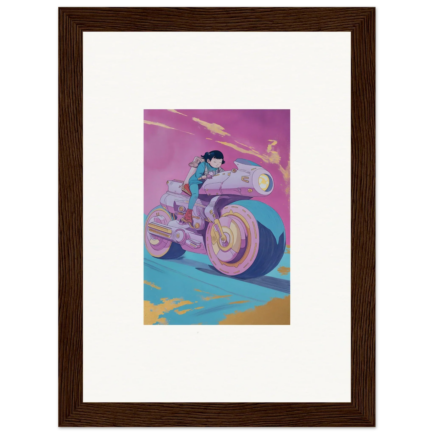 Futuristic motorcycle in vibrant purple and blue for Chican Derby room decor art