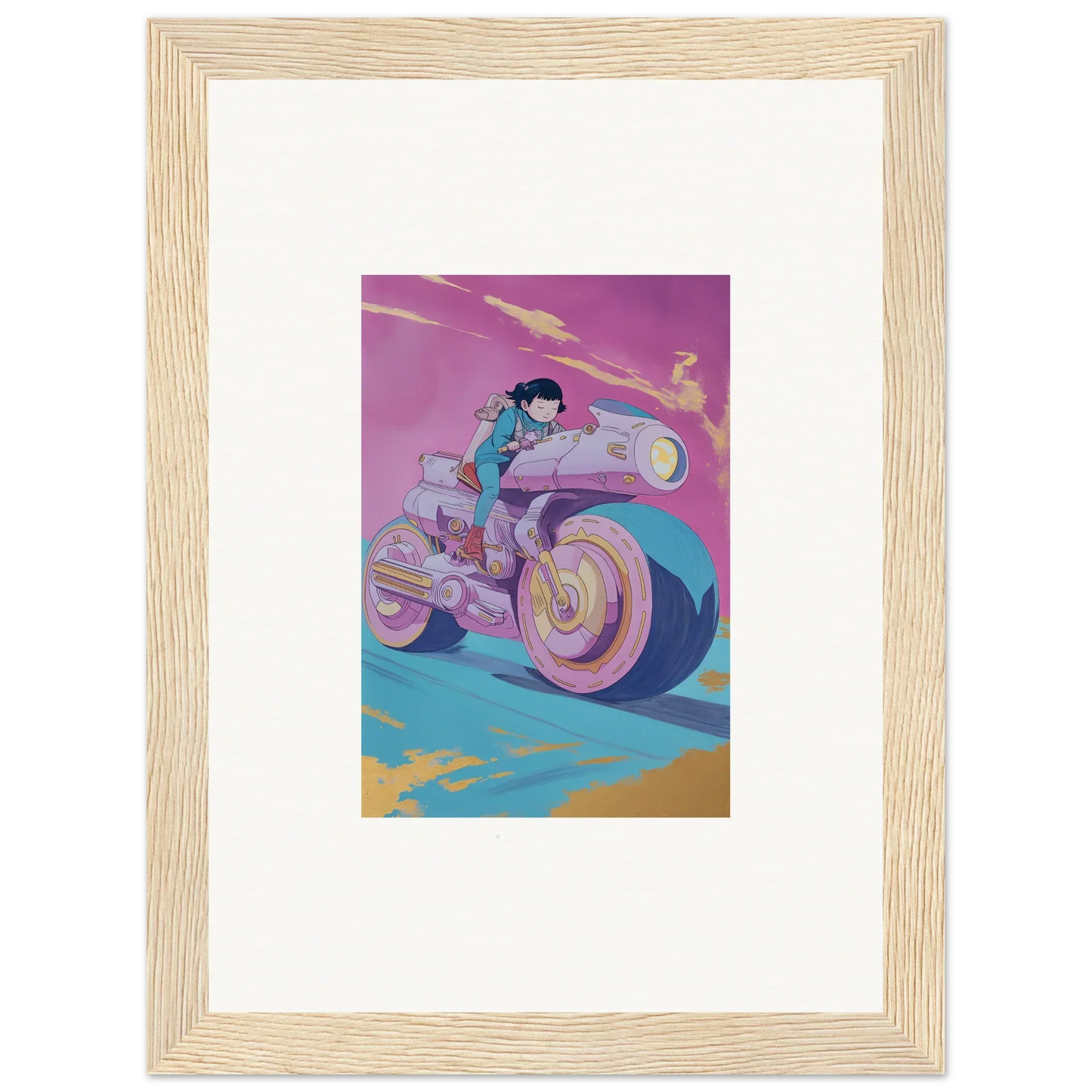 Futuristic motorcycle with rider in purple and blue for Chican Derby wall art decor