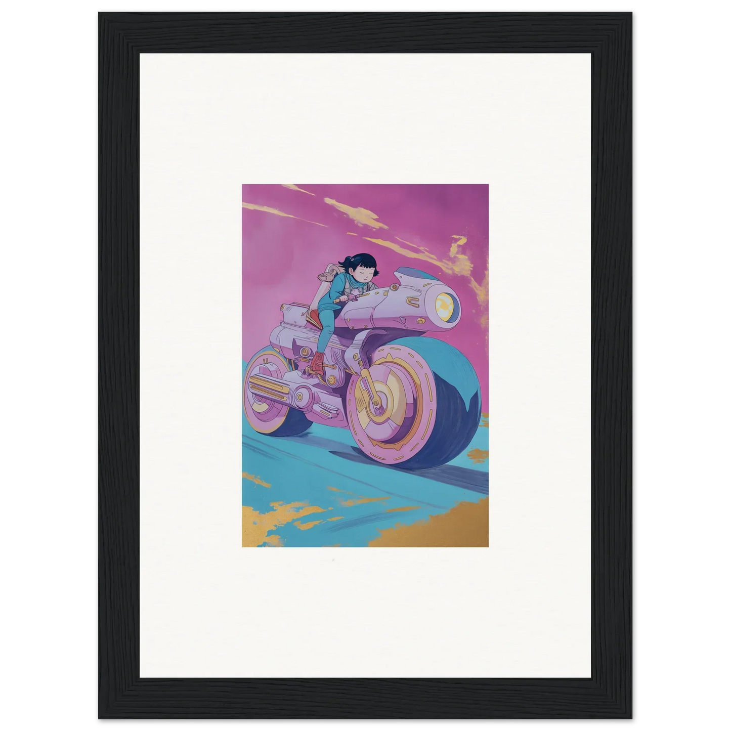 Futuristic motorcycle rider in colorful illustration for Chican Derby room decor