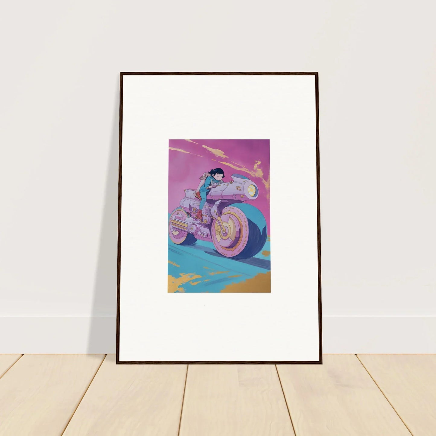 Framed wall art of a person on a futuristic motorcycle for stylish Chican Derby room decor
