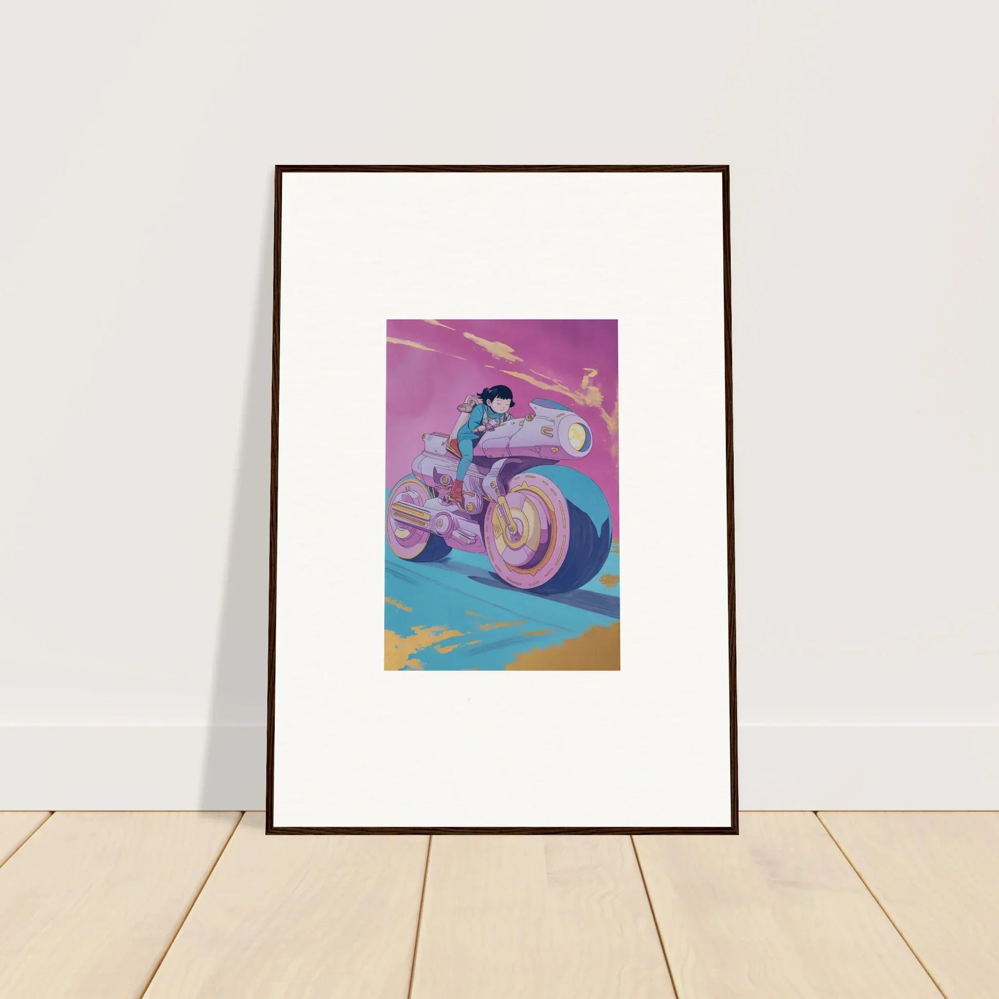 Framed wall art of a person on a futuristic motorcycle for stylish Chican Derby room decor