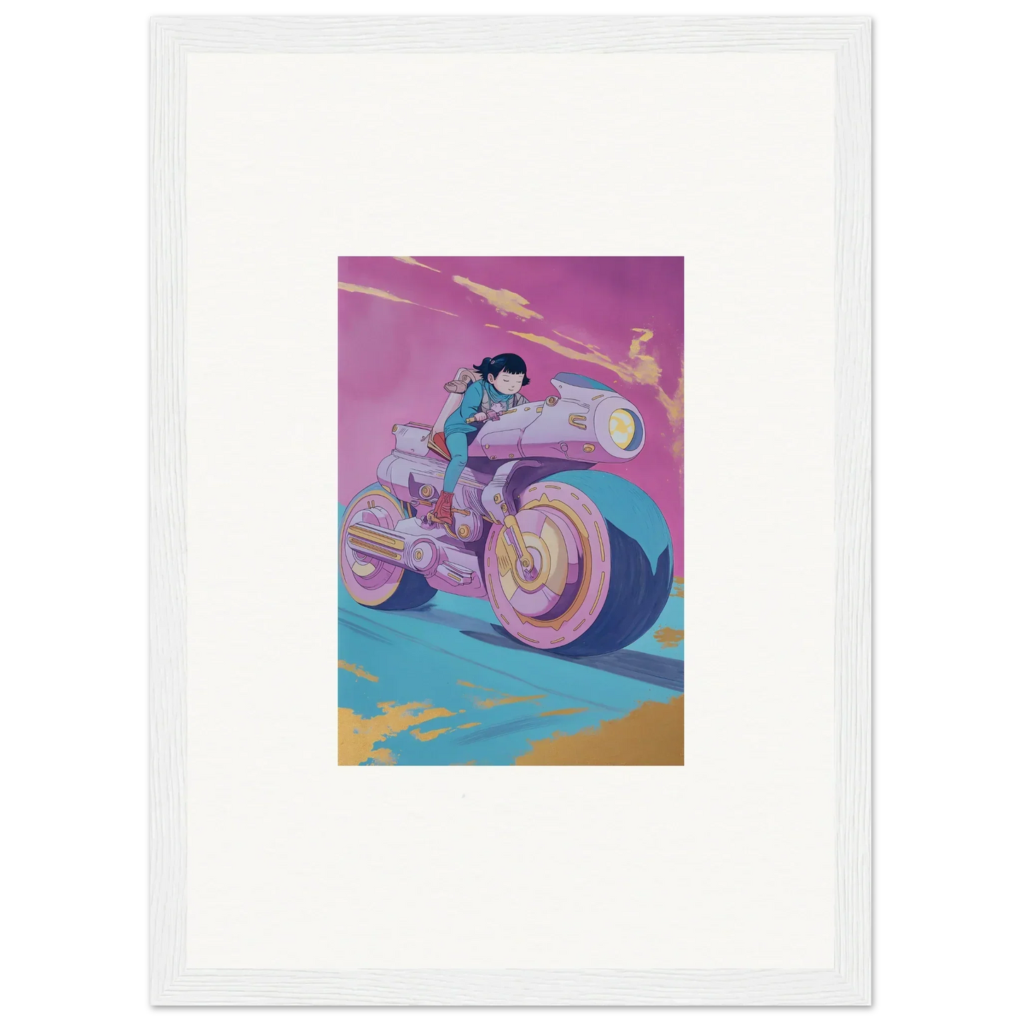 Futuristic motorcycle rider in purple and blue, perfect for Chican Derby room decor